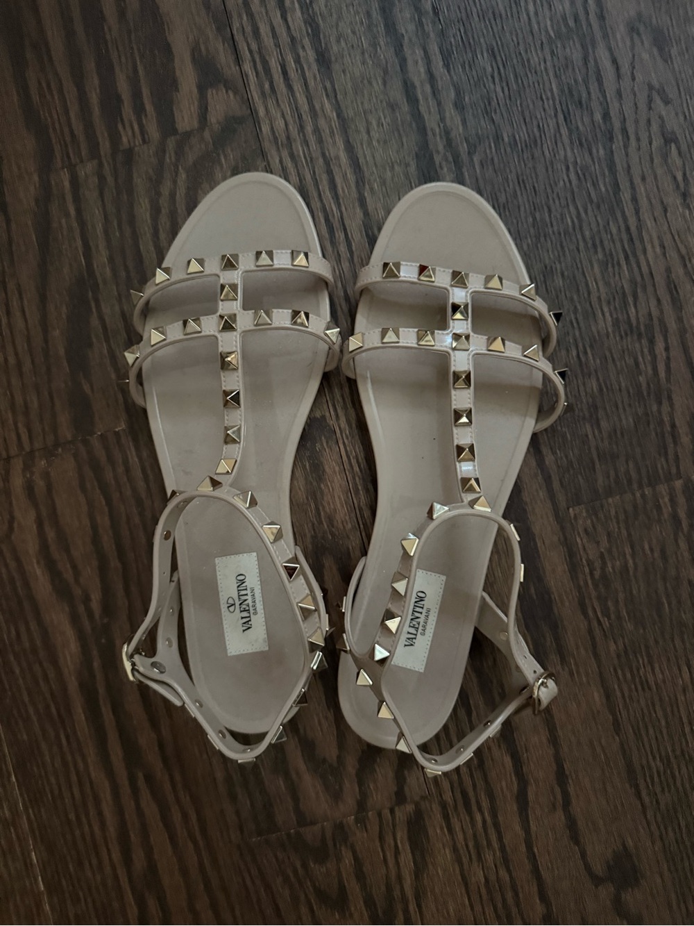 Valentino Nude Rockstud T-Strap Sandals with Gold Studs Size 40